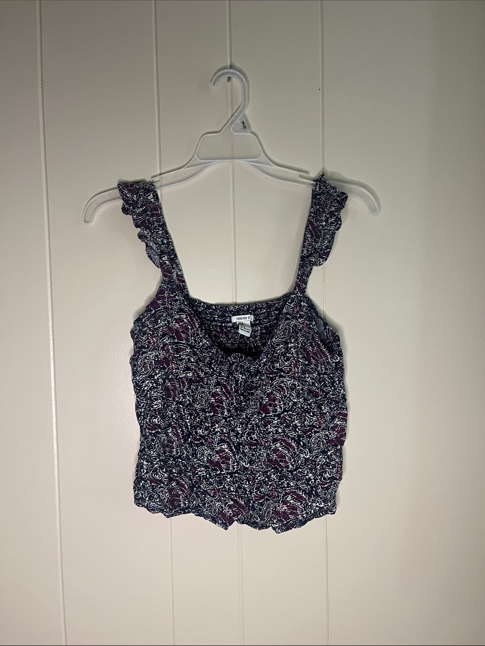 Forever 21 Black and Purple Floral Ruffle Strap Crop Top